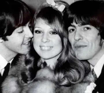 Pattie Boyd and George Harrison after their wedding at Epsom Register Office, pictured with Paul McCartney