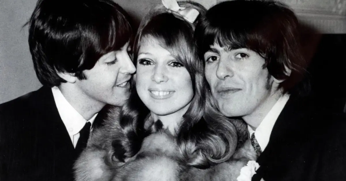 Pattie Boyd and George Harrison after their wedding at Epsom Register Office, pictured with Paul McCartney