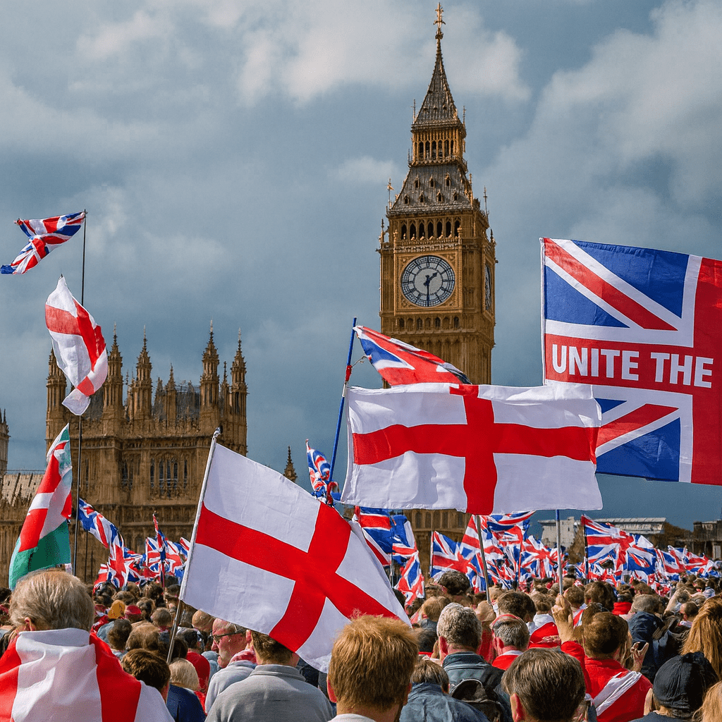 Crowd waving Union Jack and St. George’s Cross flags during Unite the Kingdom rally at Big Ben in London.
