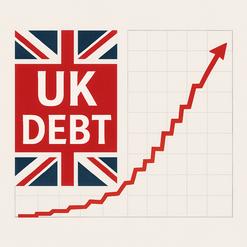 Graph showing the rise in UK government borrowing with Union Jack and "UK DEBT" text