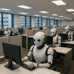 AI replacing jobs UK, humanoid robots working in office cubicles