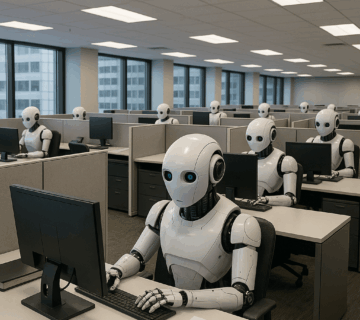 AI replacing jobs UK, humanoid robots working in office cubicles