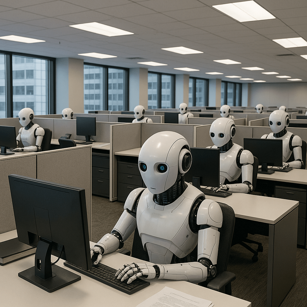 AI replacing jobs UK, humanoid robots working in office cubicles
